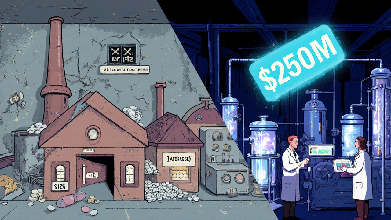 A split illustration comparing a small, outdated pill factory with a high-tech biosimilar laboratory.