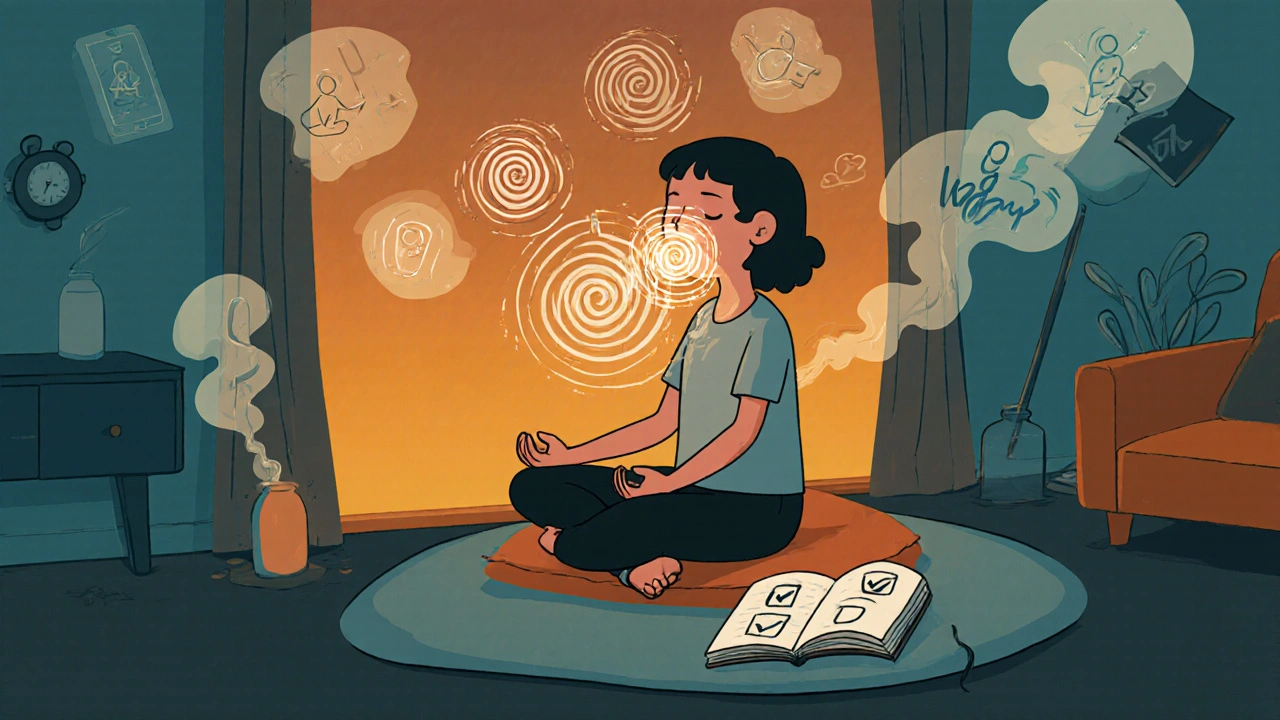 A teen breathing deeply as glowing spirals rise, with distractions fading away in a cozy evening room.
