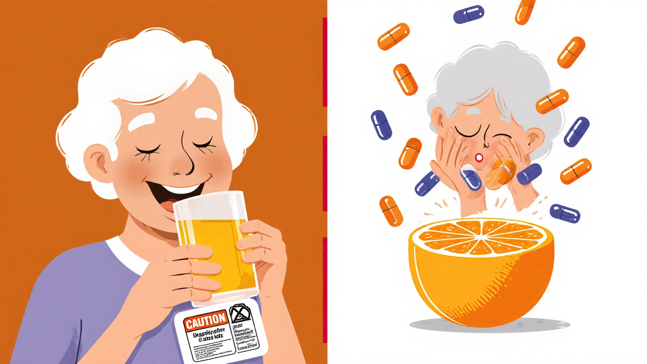 A woman safely drinking orange juice vs. collapsing from grapefruit interaction, shown in split-panel illustration.