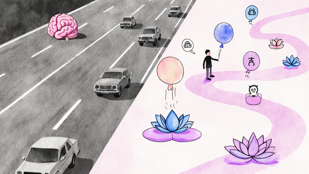 An abstract brain landscape showing atomoxetine’s steady highway and yoga’s mindful path with breath symbols.