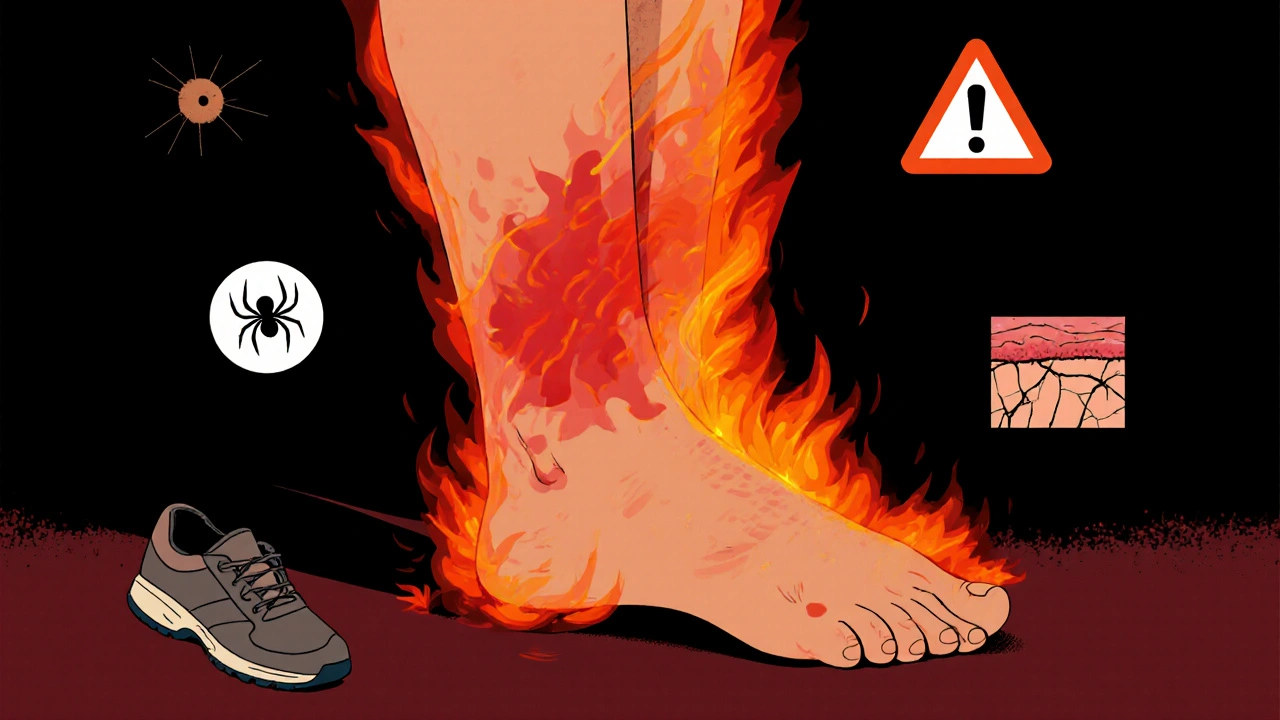 An adult&#039;s leg with a spreading red, swollen patch, no crusts, surrounded by risk symbols like a spider bite.