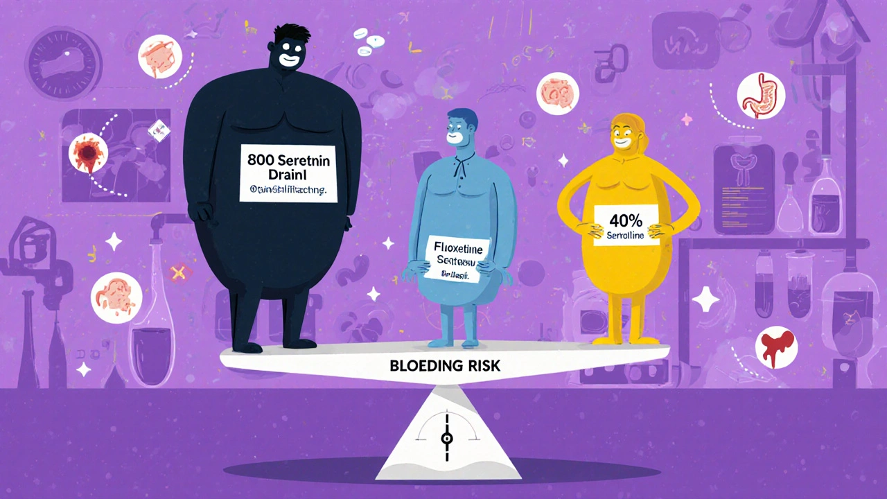 Cartoon SSRIs compared by bleeding risk: Paroxetine highest, Sertraline lowest, with bruise and ulcer icons.