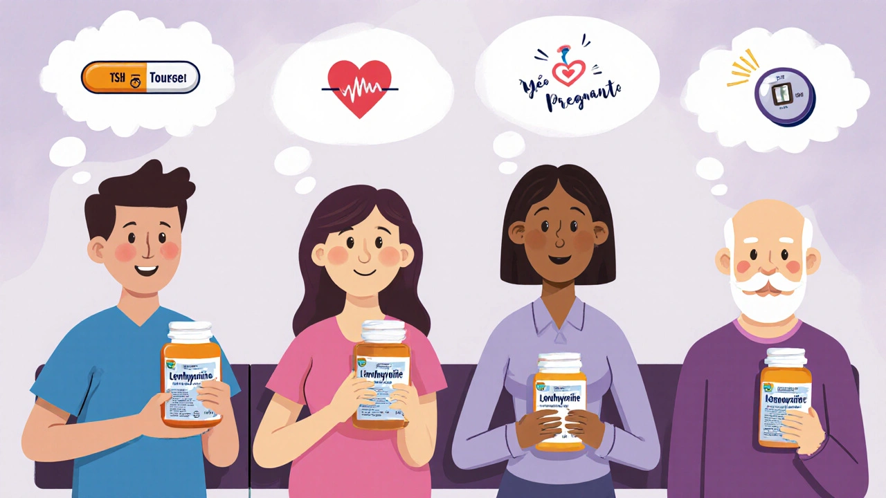 Diverse patients in a waiting room with thought bubbles showing different reactions to generic levothyroxine switches, including heart racing and pregnancy.