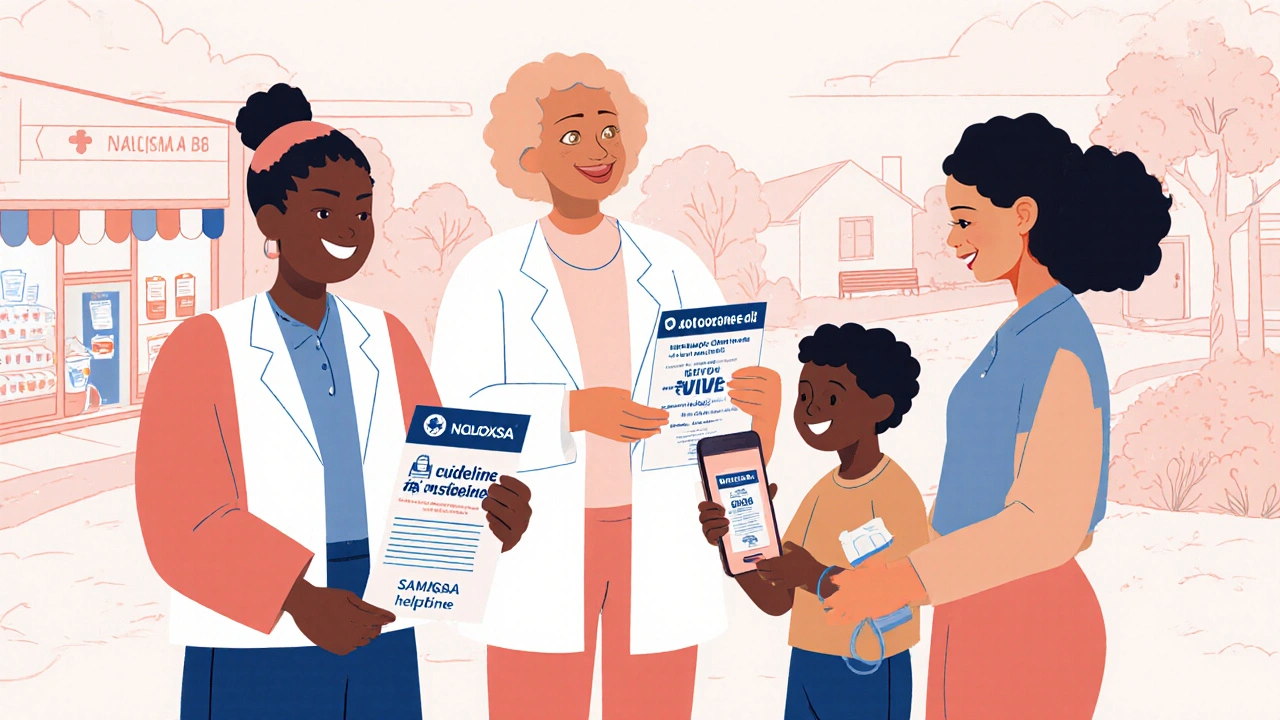 Diverse people receiving naloxone at pharmacy, with CDC and SAMHSA references nearby