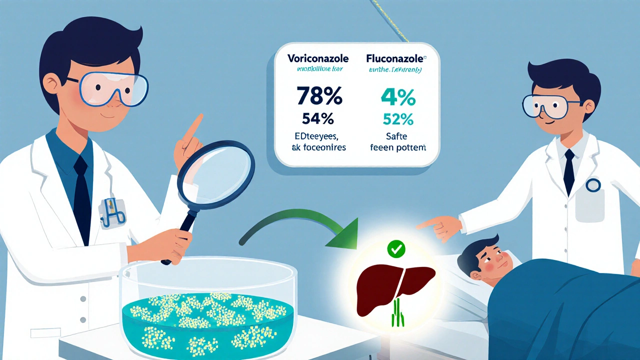 Doctors examining fungal cultures with a chart comparing voriconazole and fluconazole effectiveness.