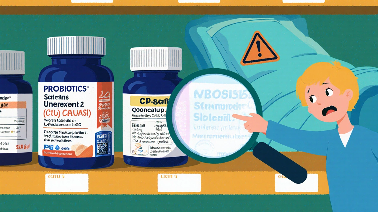 Grocery shelf with clearly labeled effective probiotics versus misleading brands