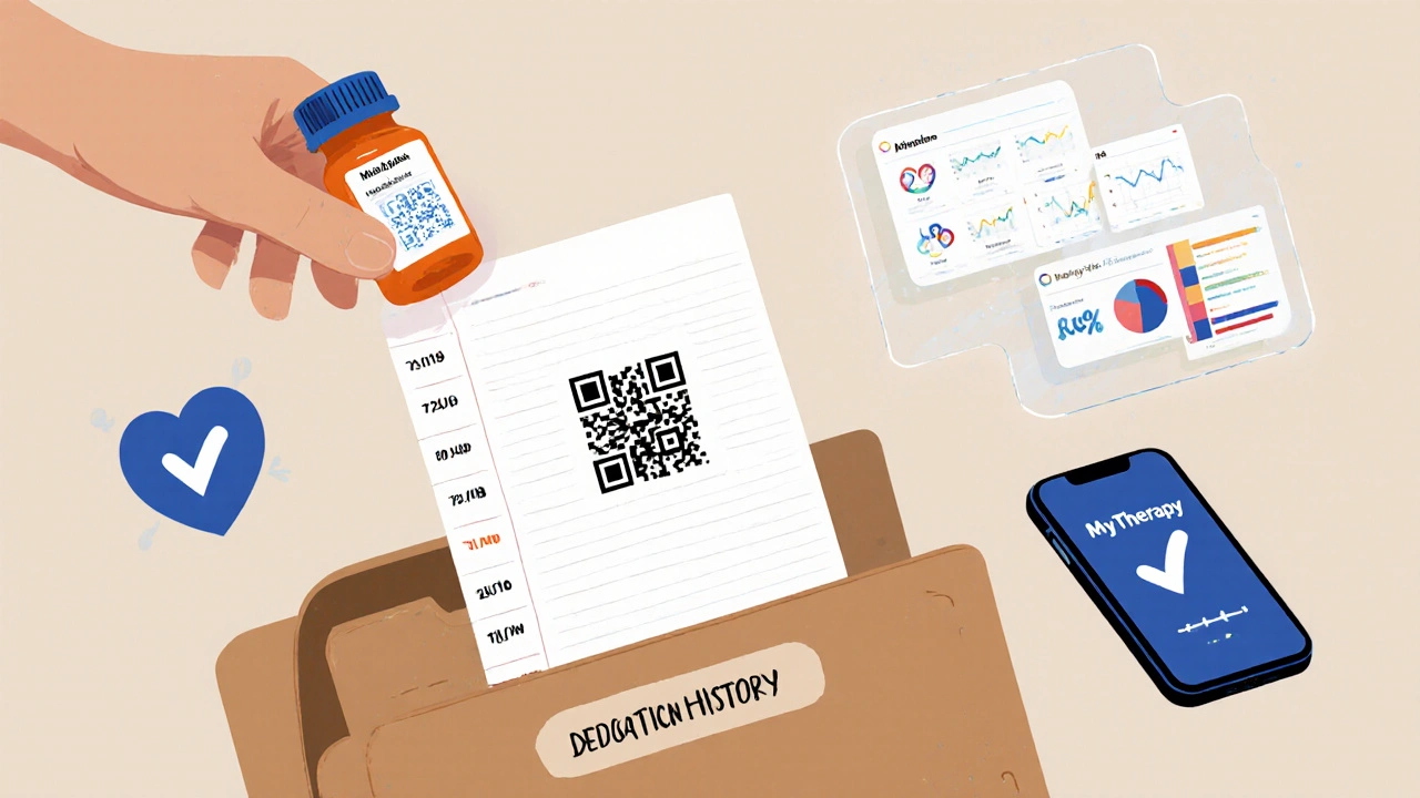 Hand placing a medication journal into a doctor&#039;s folder as a QR code links to health data on a digital dashboard.