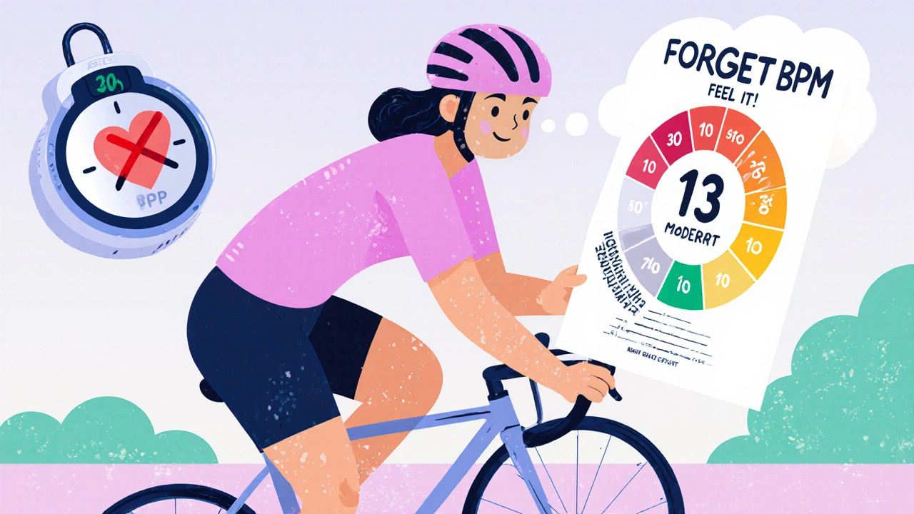 Individual cycling while referencing a Borg RPE scale, ignoring a heart rate monitor with an X.