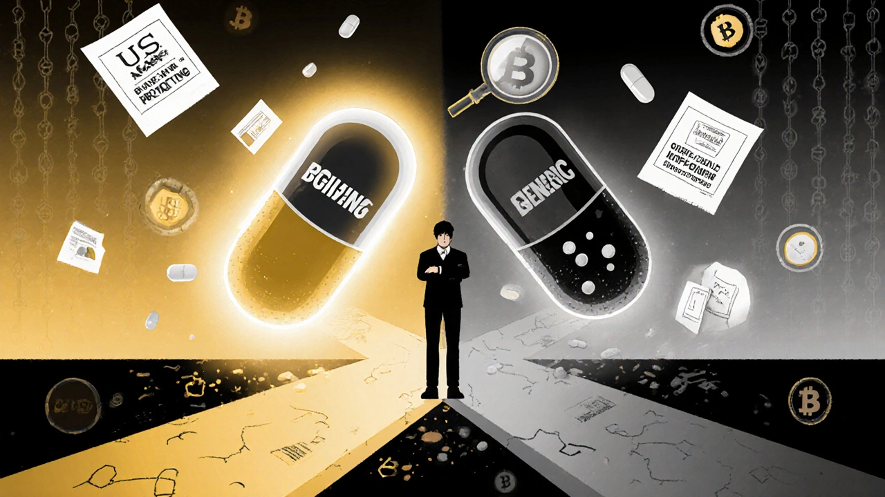 Patient at crossroads between safe brand-name pill and dangerous generic, recall notices floating, magnifying glass revealing toxins.