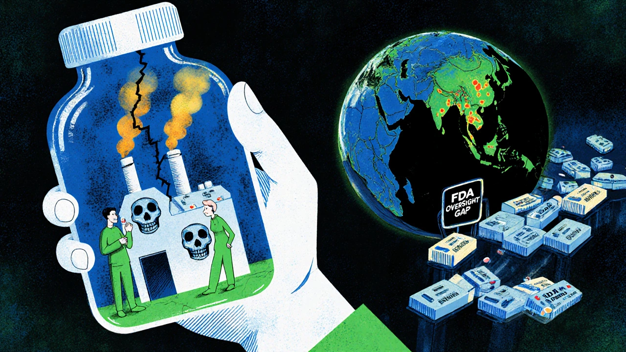 Patient holding pill bottle revealing toxic factory inside, pharmacist and doctor confused, globe with hotspots in background.