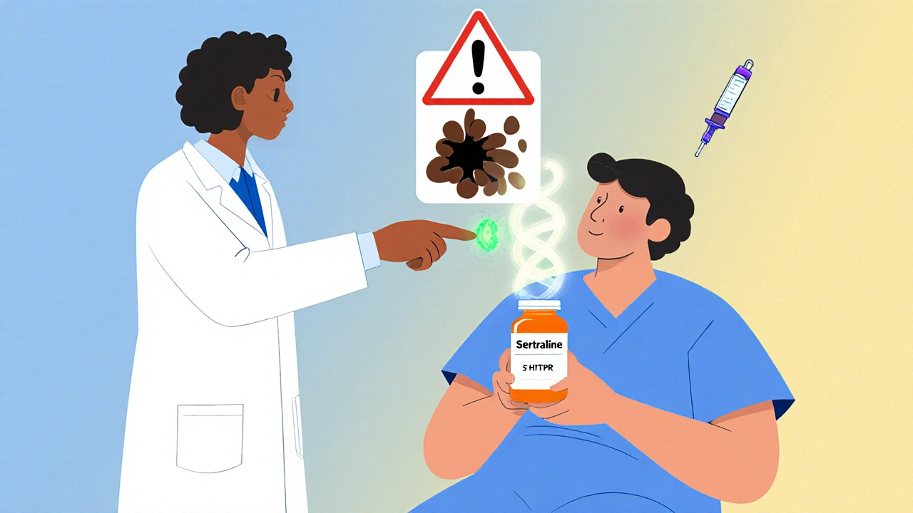 Patient holding sertraline pill with genetic strand warning, bleeding signs faded, plasma drip glowing green.