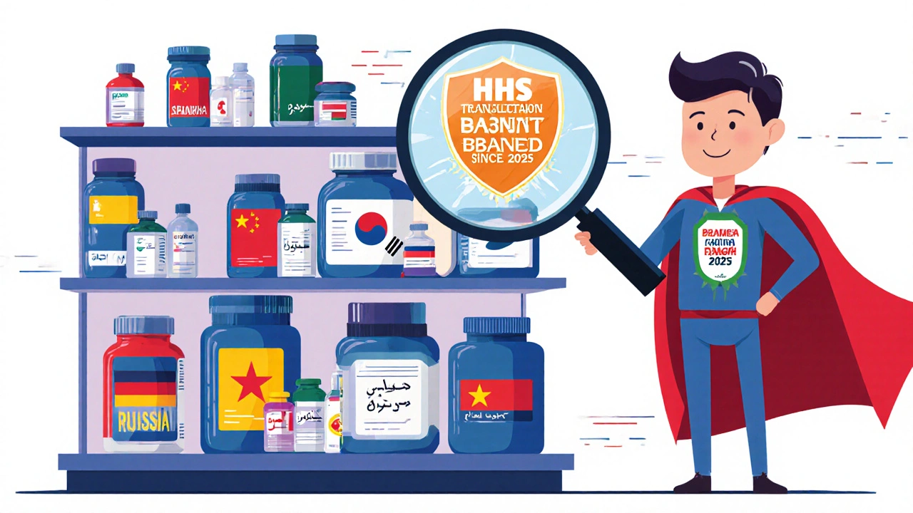Pharmacy shelves display translated medication labels with a banned AI translation warning and certified interpreter badge.