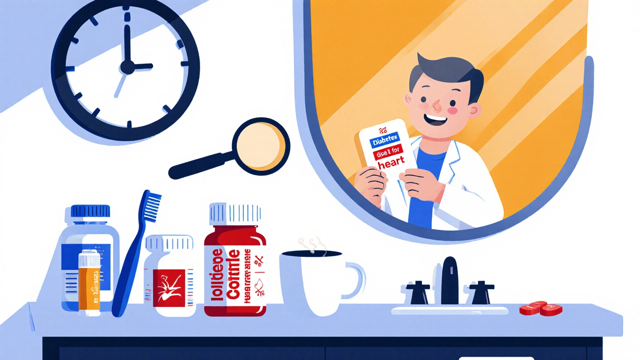 Pill bottles on a bathroom counter next to coffee and toothbrush, one with large-print label and magnifying glass, pharmacist offering color-coded stickers.