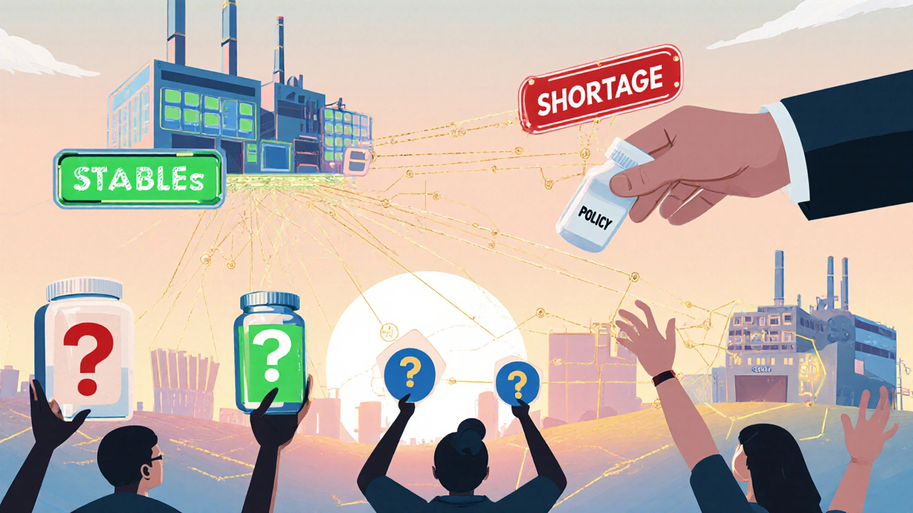 Small manufacturers connected by AI and shared logistics under rising dawn light.