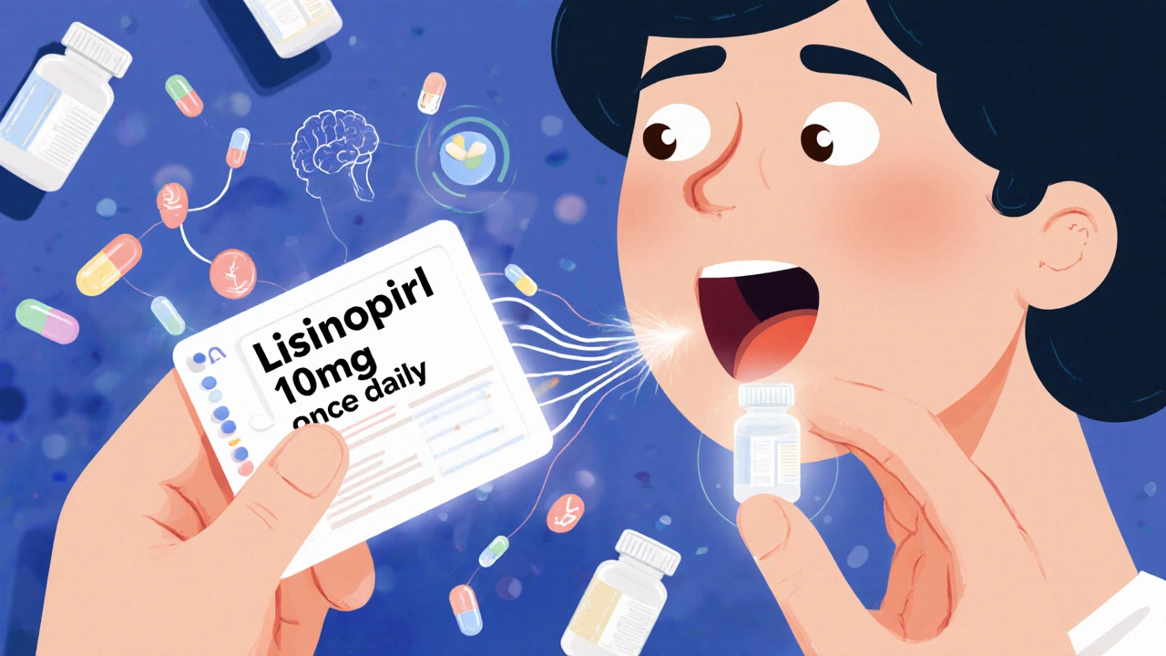 Someone using the Three-Touch Method: touching label, speaking aloud, and reaching for pill, with glowing neural connections lighting up.