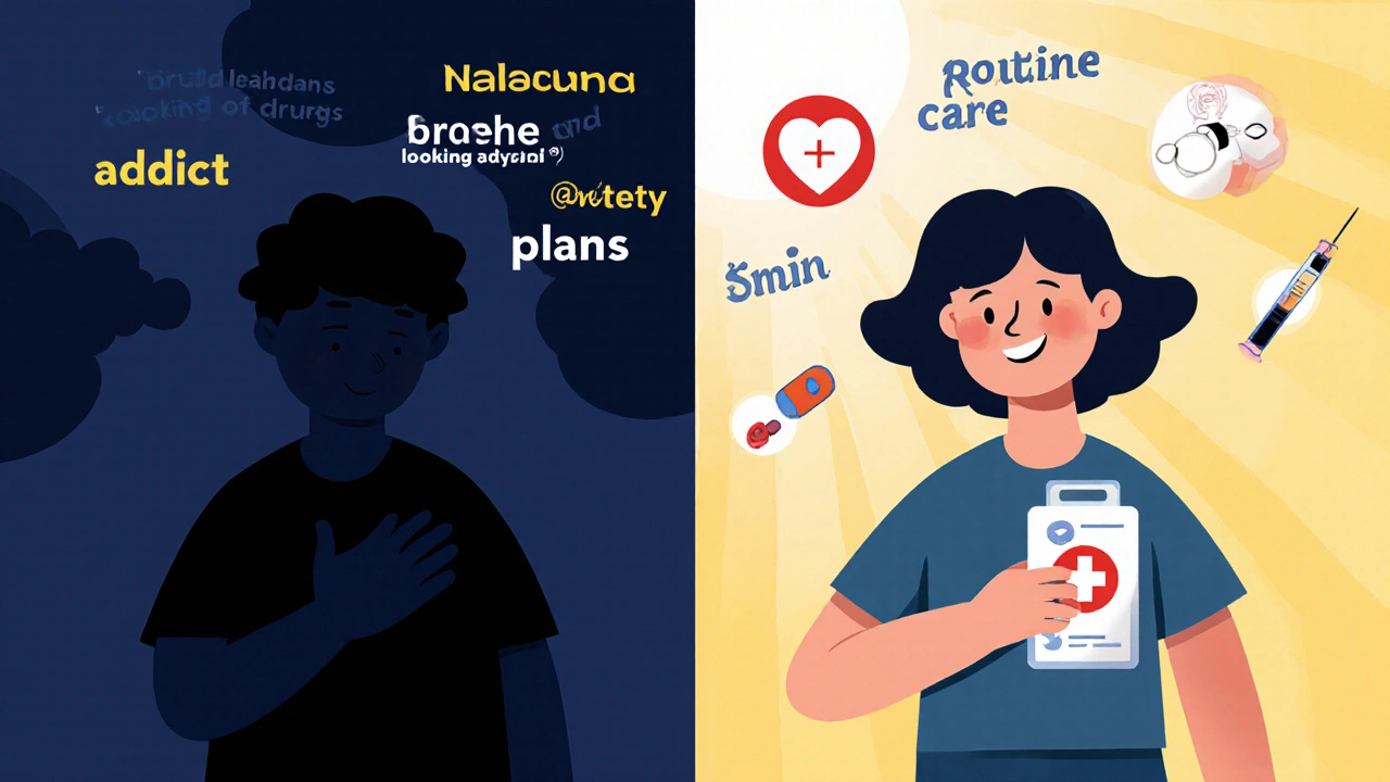 Split illustration: person moving from shame to confidence with naloxone in sunlight