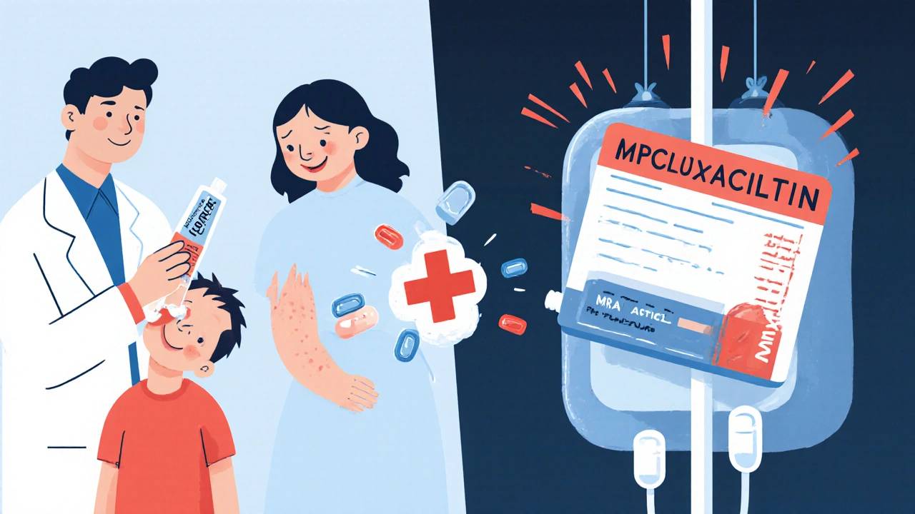 Split illustration: topical cream on a child’s sore vs. IV antibiotic in hospital, with MRSA symbol breaking a pill.