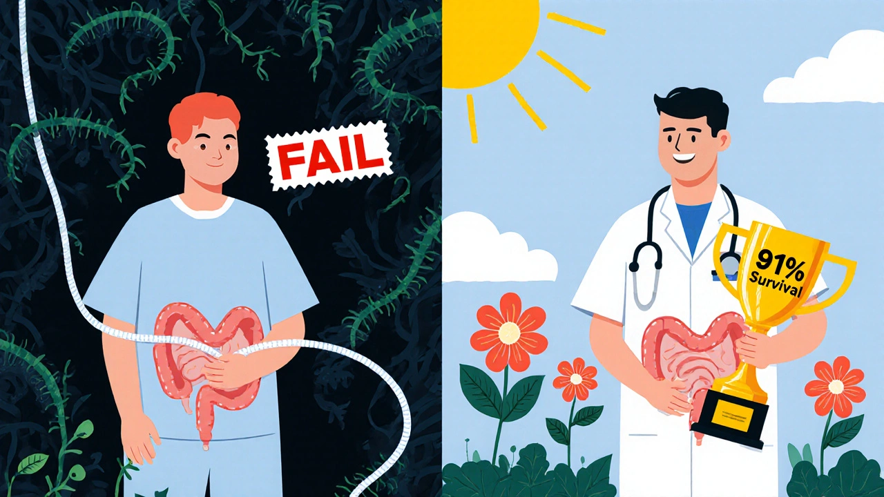 Split image: left shows infection with catheter, right shows recovery after removal and treatment.