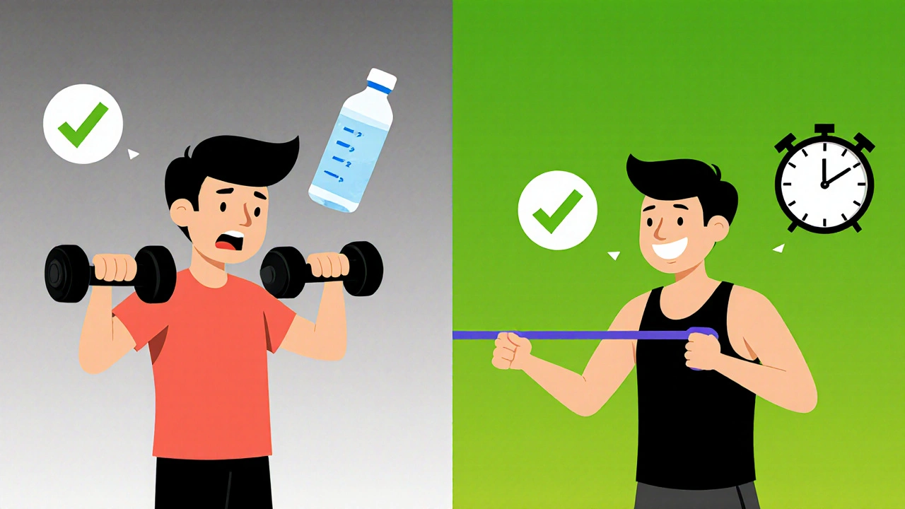 Split image: person switching from heavy weights to light resistance bands with improved energy.