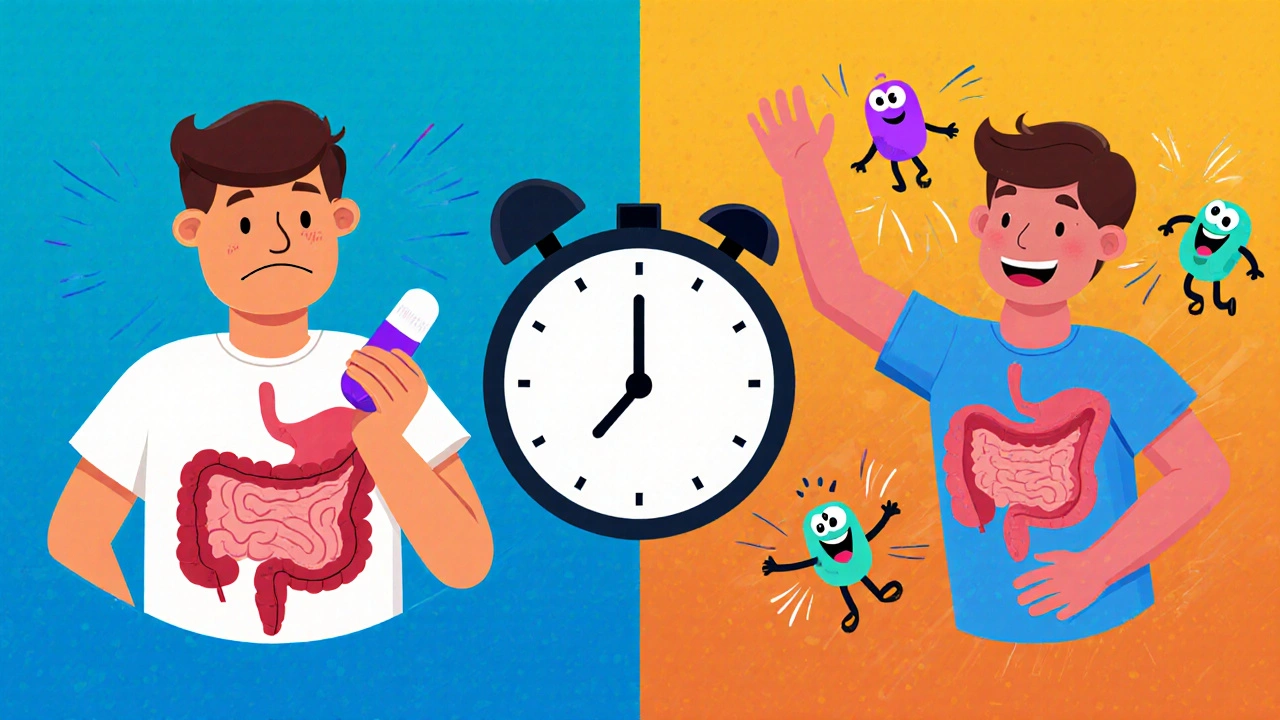 Split-panel showing proper timing between antibiotic and probiotic doses