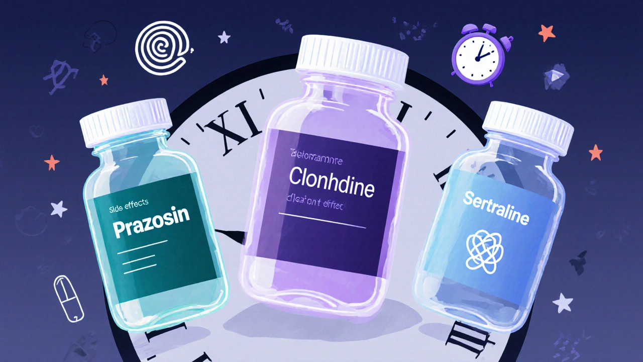 Three floating pill bottles with symbolic auras representing Prazosin, Clonidine, and Sertraline effects.