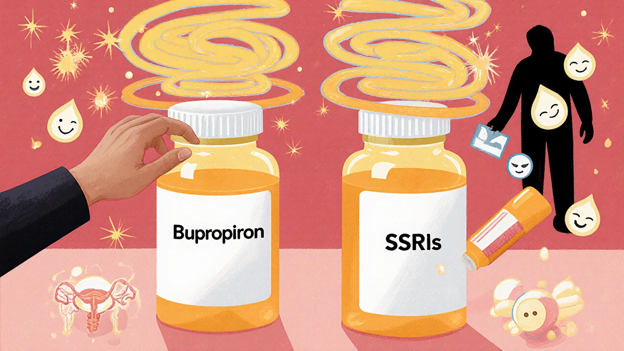 Two medicine bottles emitting contrasting auras: bupropion with uplifting sparks, SSRIs dragging down symbols of side effects like low libido and sleepiness.