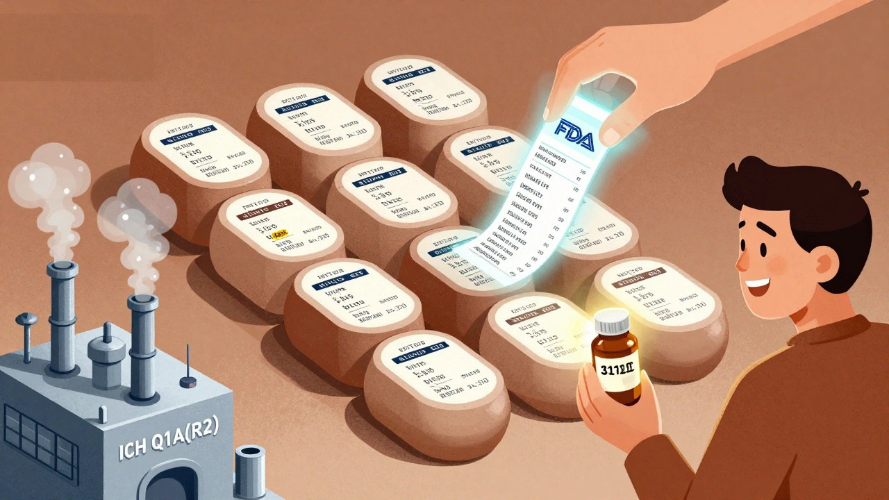 A blockchain of pill-shaped blocks verifying drug stability, with a patient holding a glowing expiration bottle.
