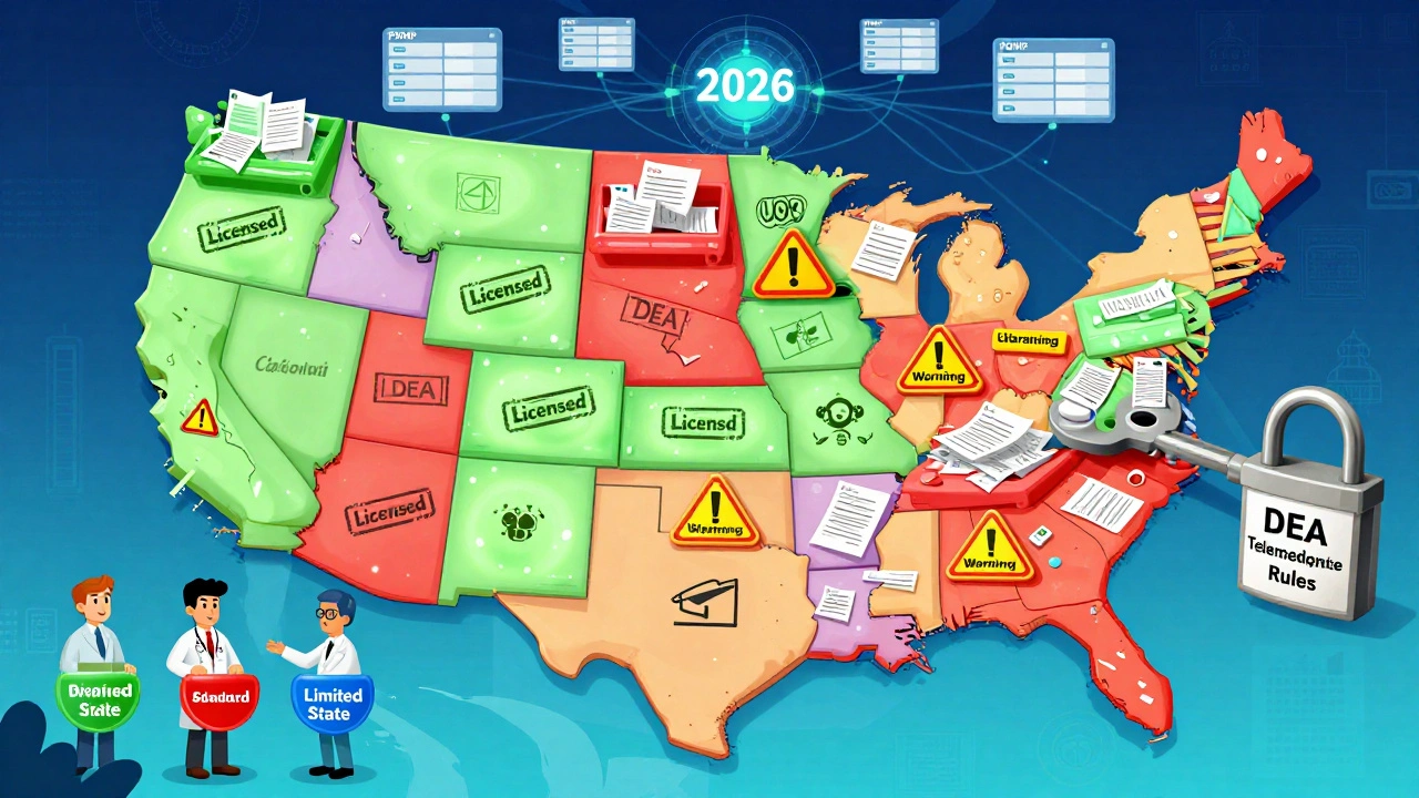 A colorful U.S. map showing licensed and unlicensed pharmacy states, with DEA keys unlocking telemedicine rules.