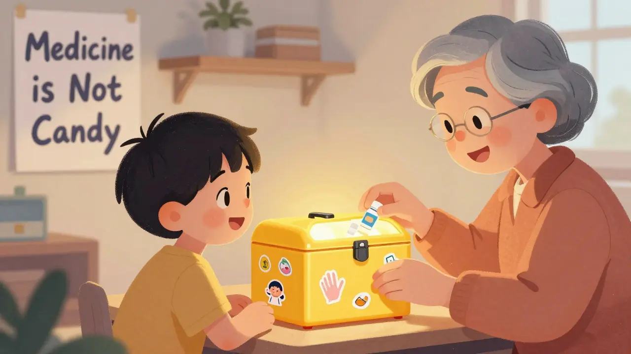 A grandparent and child together placing medicine in a decorated lockbox.