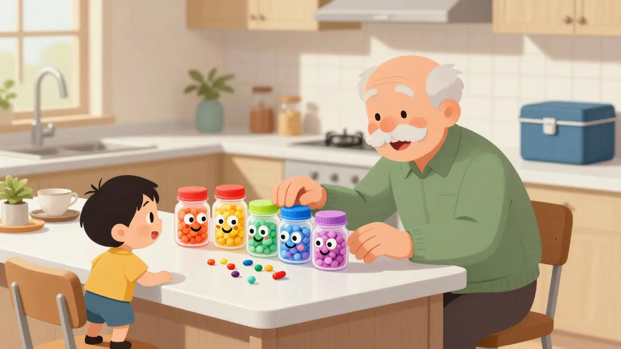 A grandparent placing pill organizers on the counter as a child climbs up to reach them.