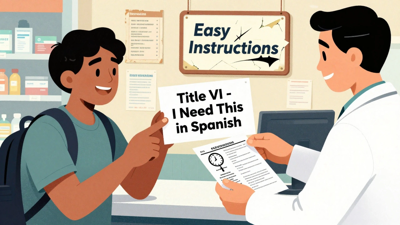 A non-English speaker receives translated medication instructions with visual cues at the pharmacy.