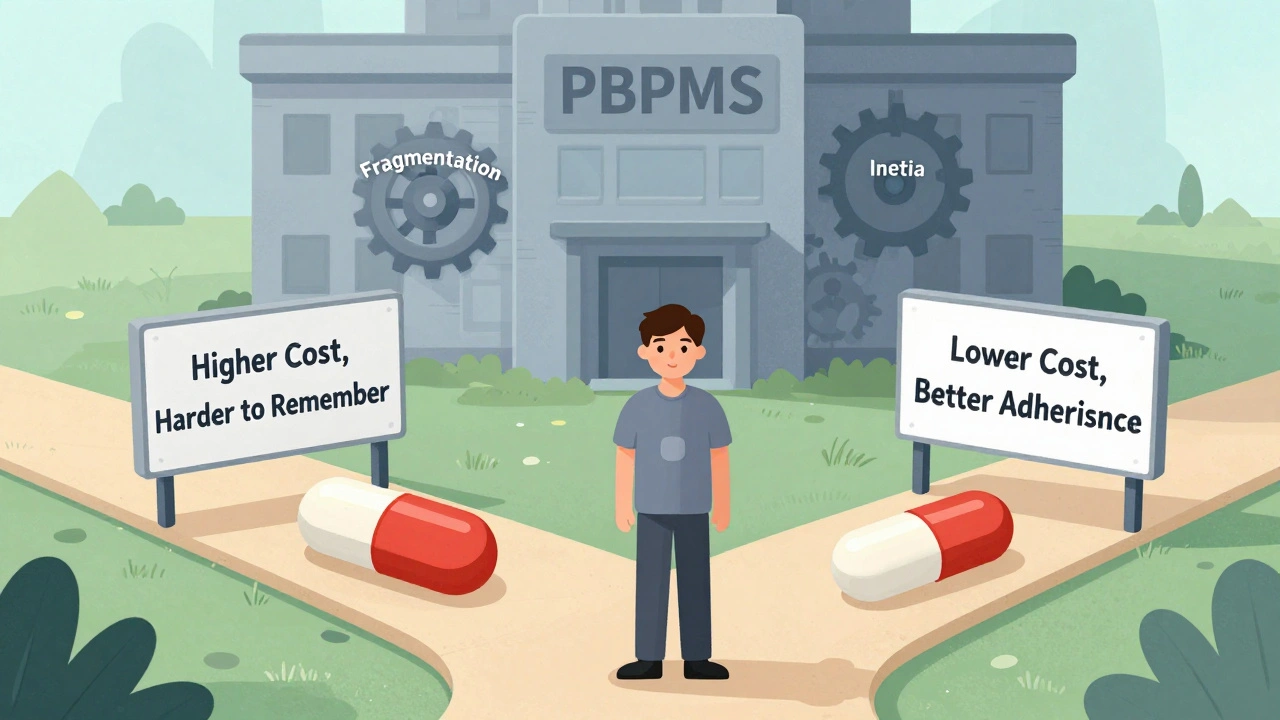 A patient at a crossroads choosing between two pills or one, with symbolic insurance gears turning behind them.