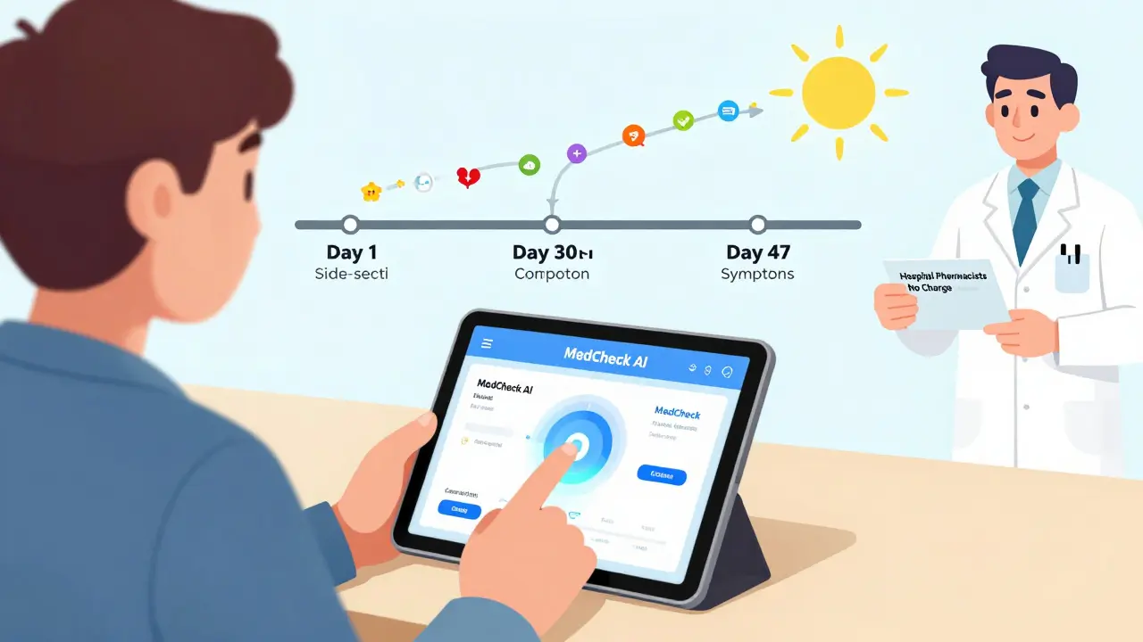 A patient uses an AI tool while a timeline shows symptom resolution after seeking a second opinion with pharmacist support.