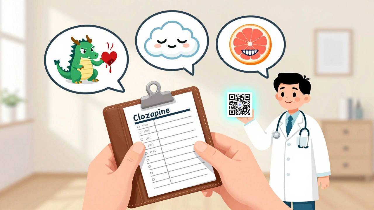 A person holds a medication log with comic-style drug characters above them, and a pharmacist offers a QR code for video warnings.