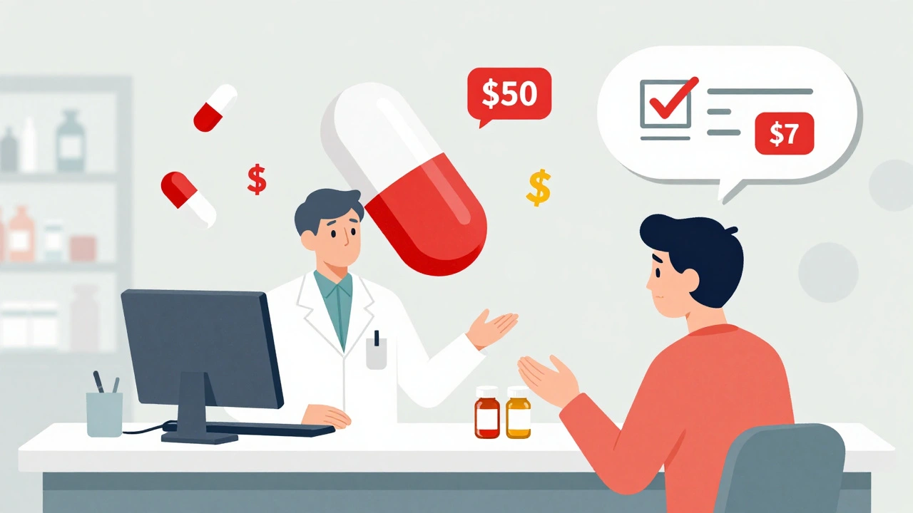 A pharmacist handing two pill bottles while a large combo pill with a high price tag floats above, with a thought bubble showing a cheaper alternative.