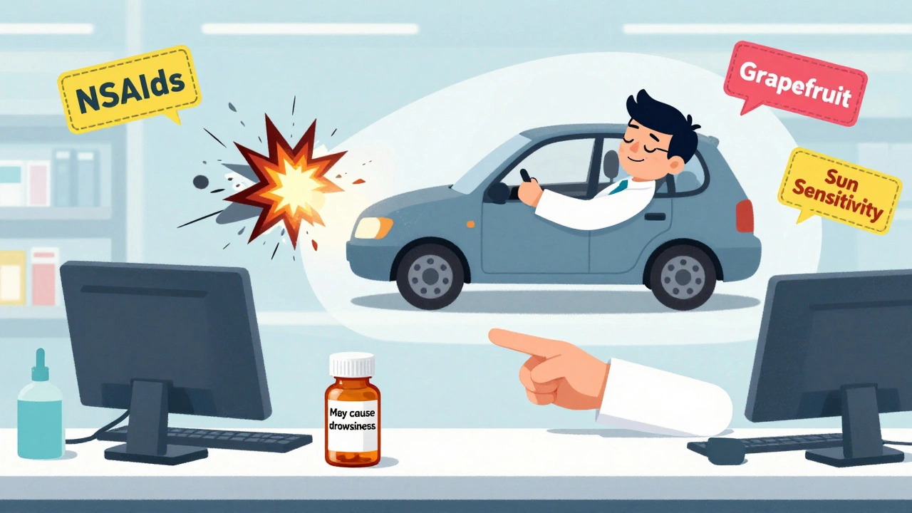 A pharmacist points to a small drowsiness warning sticker on a pill bottle while a cartoon version of the person sleeps at the wheel.