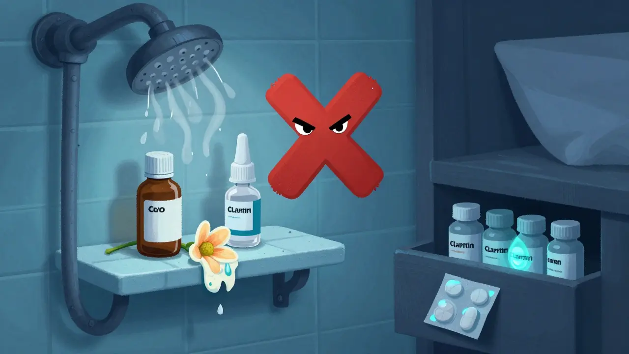 A steamy bathroom with wilting medicine next to a cool, safe drawer where pills rest peacefully in original bottles.