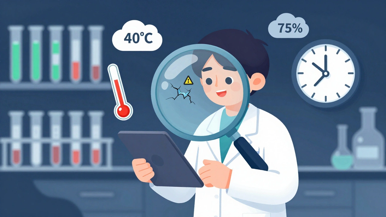 A technician examining a tablet under a magnifying glass with floating test data icons around them.