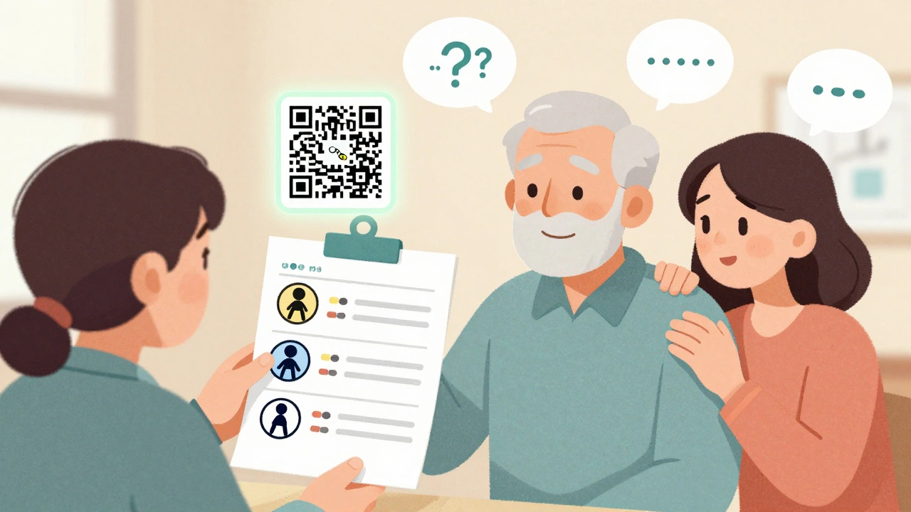 A veteran and his wife smile at a laminated pictogram schedule for daily medications.