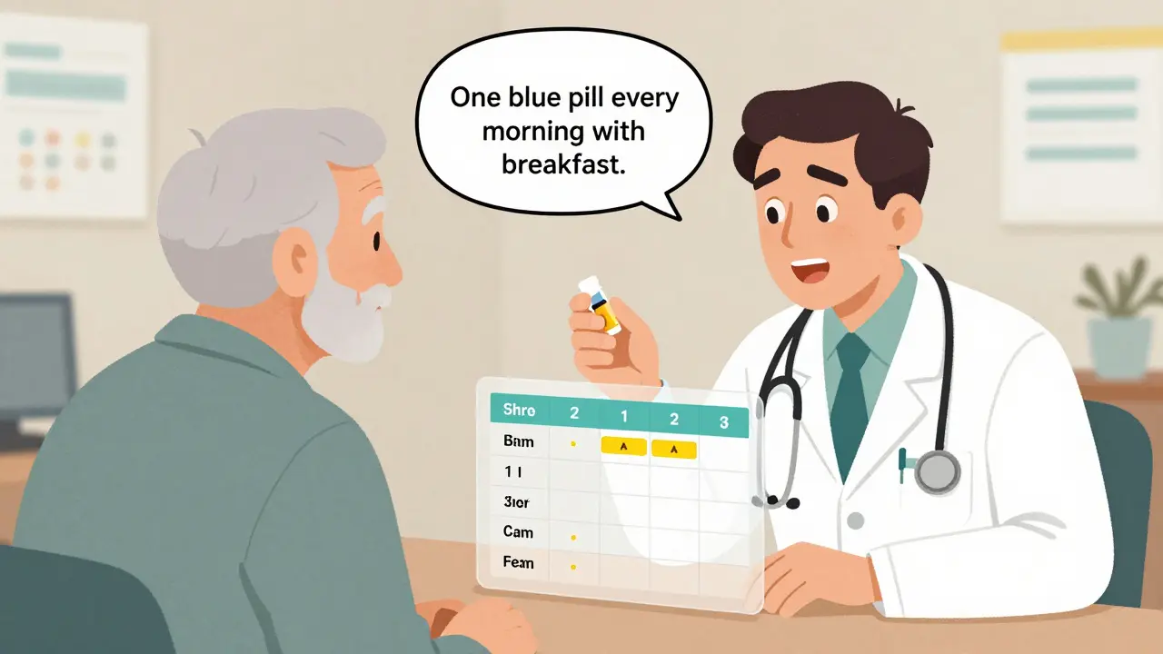 An elderly patient repeats their medication instructions to a doctor during a clinic visit using the teach-back method.