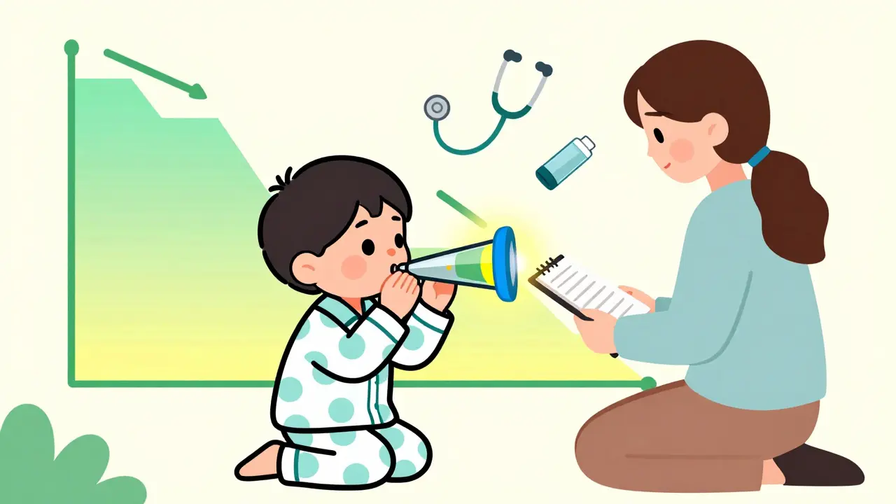 Child blowing into a colorful peak flow meter with parent recording data, yellow warning light glowing.