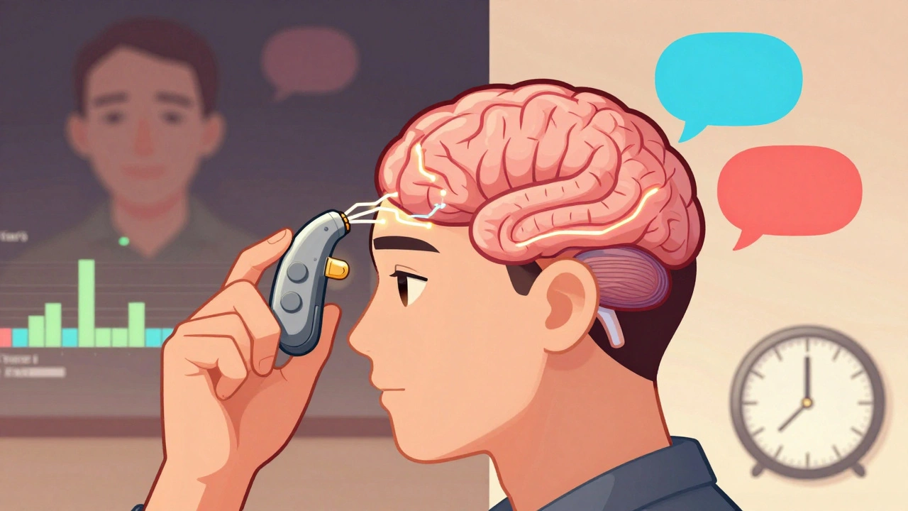 Cochlear implant connecting to the brain, with split scene of muffled vs clear speech.