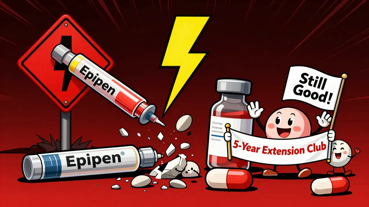 Dangerous expired medications crumbling as a cheerful pill celebrates its extended shelf life with a banner.