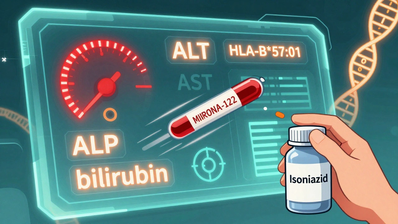 Digital liver test dashboard with rising enzyme levels and genetic alert.