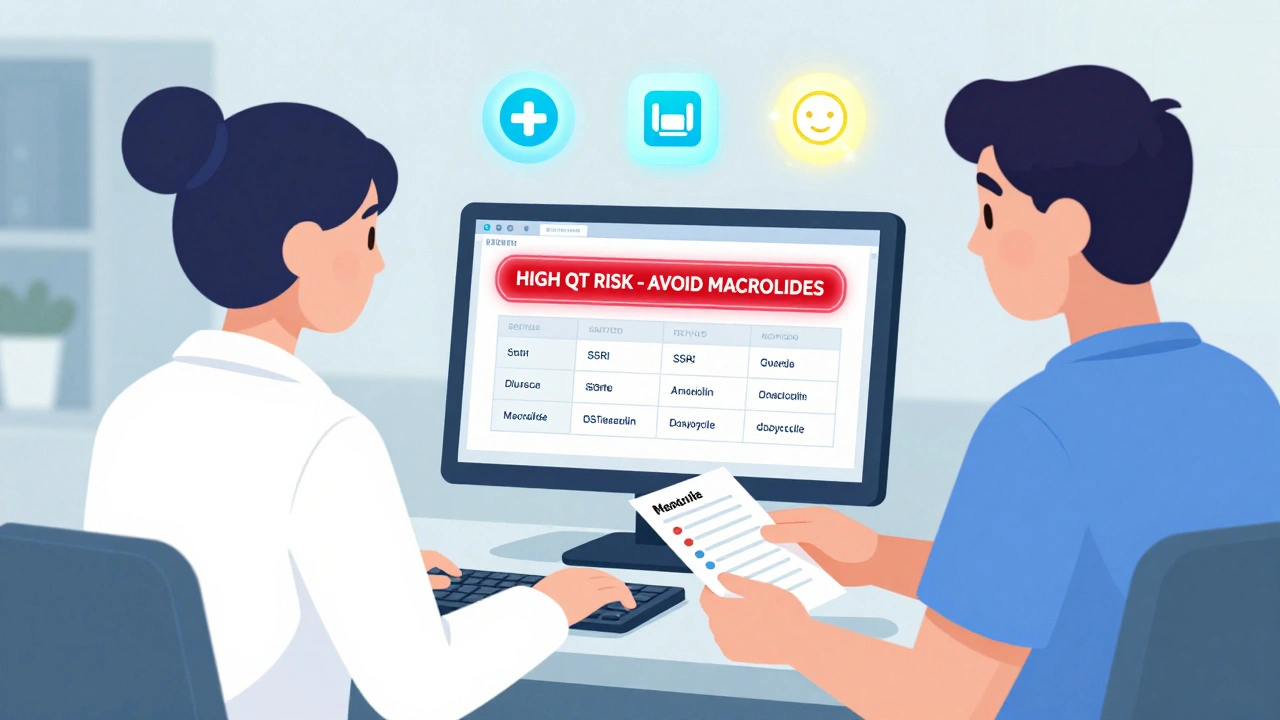 Doctor viewing a red alert on an EHR screen while patient presents medications, with safe antibiotics glowing nearby.