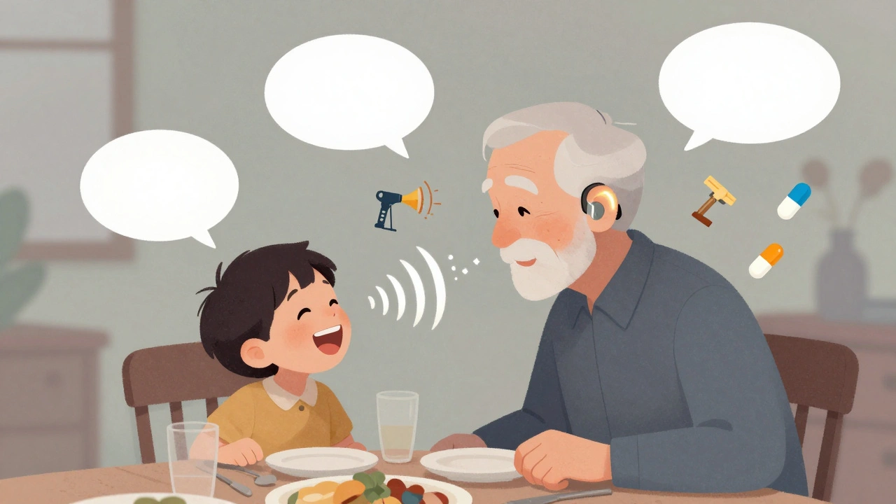 Elderly person at dinner with fading sound waves, hearing aid glowing softly nearby.