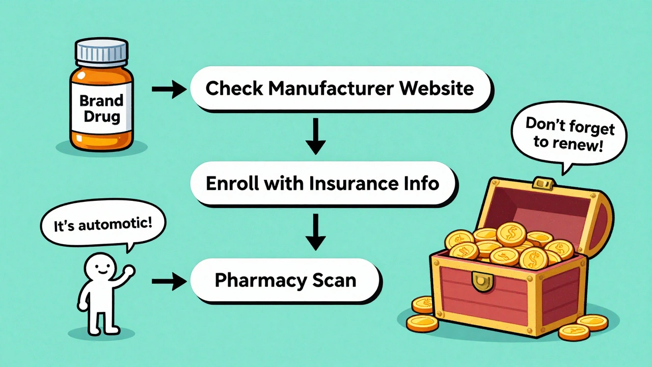 Illustrated flowchart showing steps from drug bottle to pharmacy scan ending in savings treasure chest