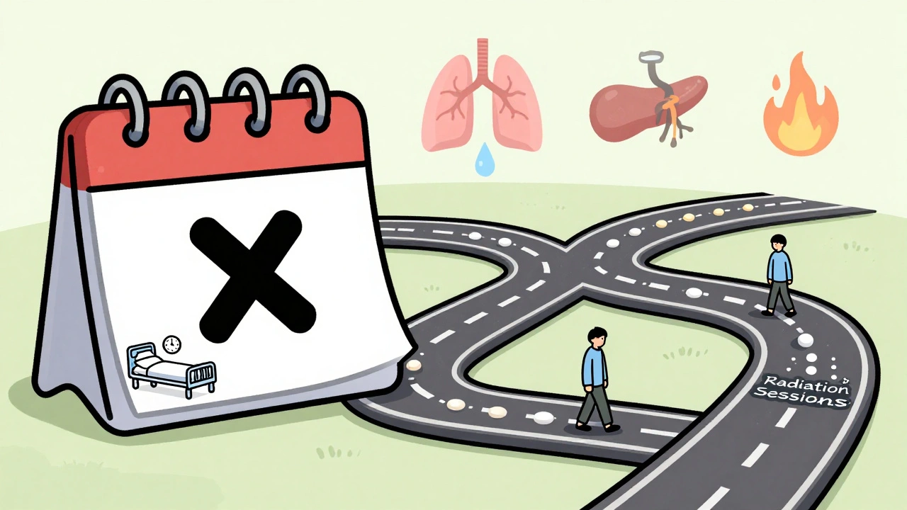 Illustrated path showing surgery as one-time event versus radiation as 35 daily sessions, with side effect icons along the way.
