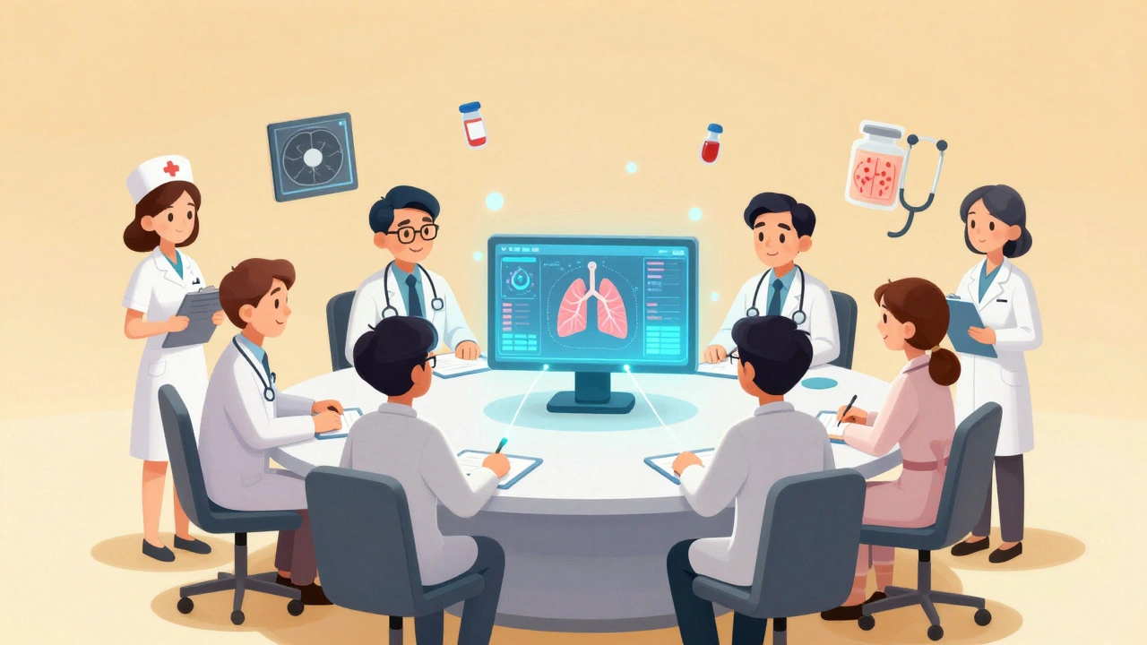 Medical team collaborating around a glowing dashboard showing organ health data, connected by light threads.