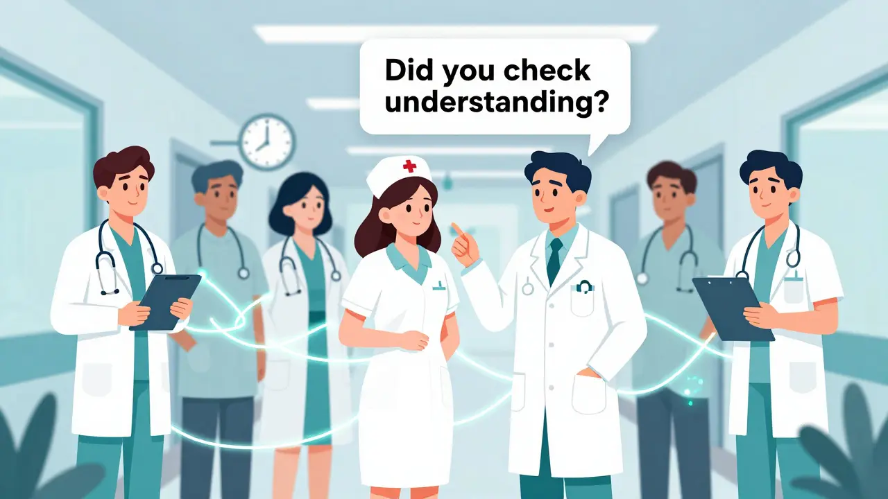 Medical team connected by glowing communication ribbons in a hospital hallway